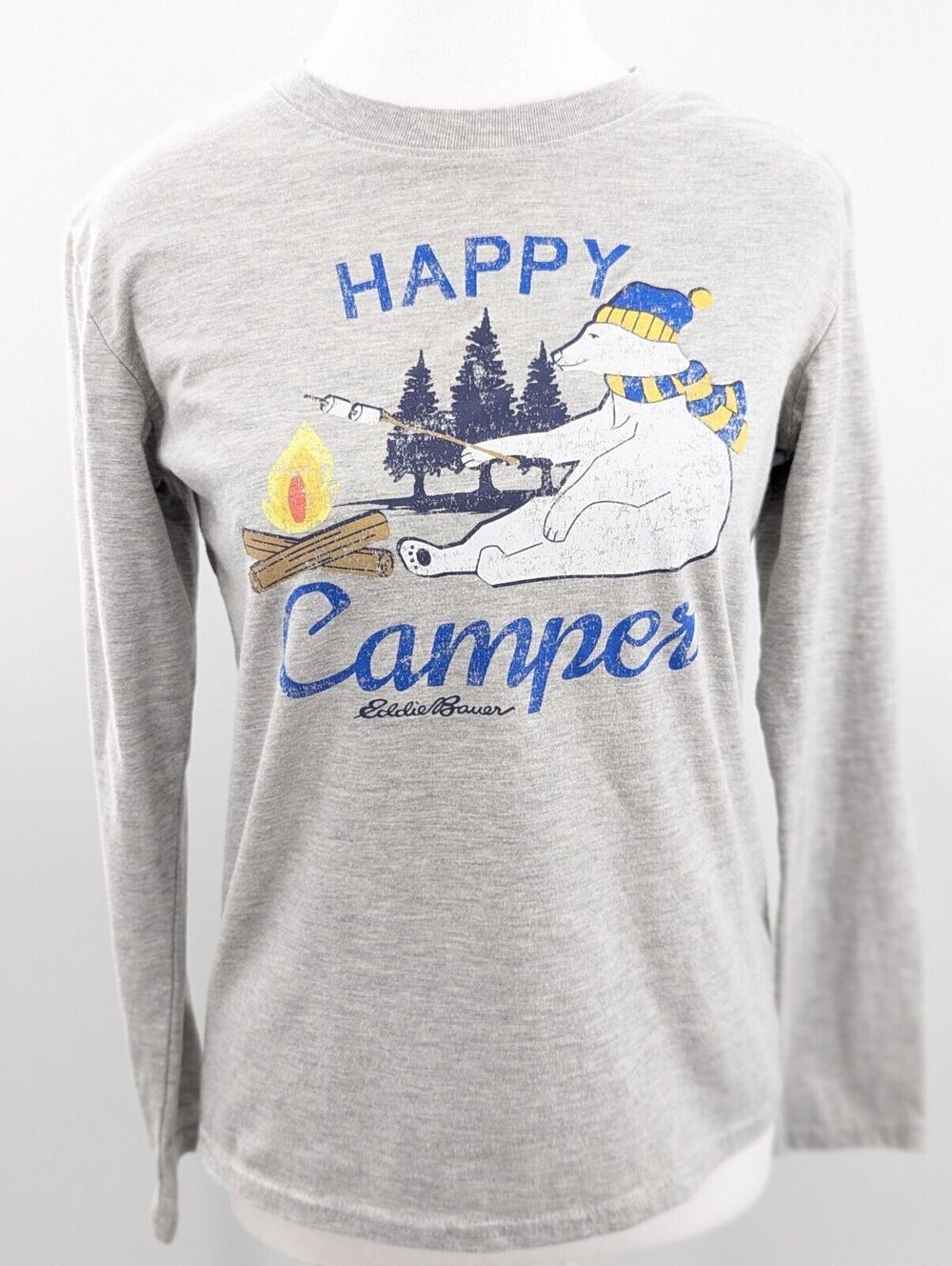 Eddie Bauer Happy Camper Long Sleeve Gray T-Shirt Unisex Kids Lg Women's XS/S